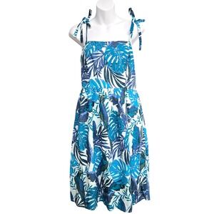Jude Connally Blue Tropical Parrot Monstera Tie Shoulder Cotton Midi Dress M